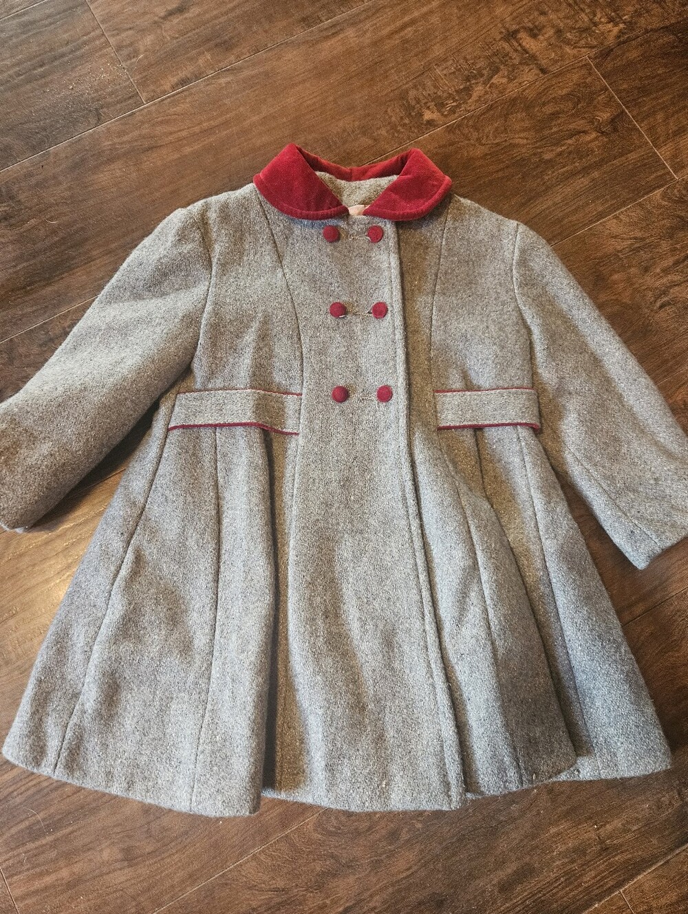 Girls Rothschild Gray Wool Coat Red Collar Button Front Pockets Size 4
